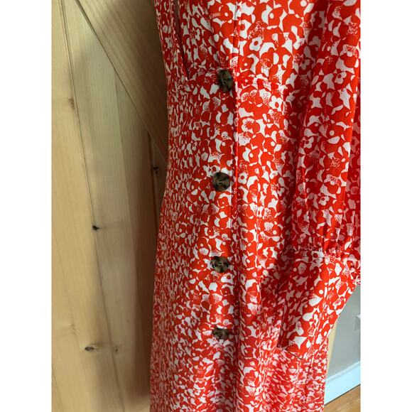 Ganni | Balloon Sleeve Orange Floral Print Crepe Midi Dress | Size 38 (US 6) - Picture 8 of 16